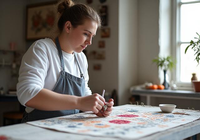 Artisan examining a fine weave carpet
