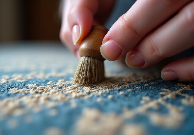 Close up of hand-cleaning an antique rug